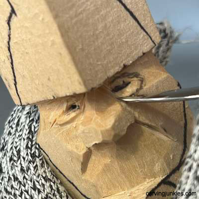 Carving eyelid guideline on acorn wood carving caricature