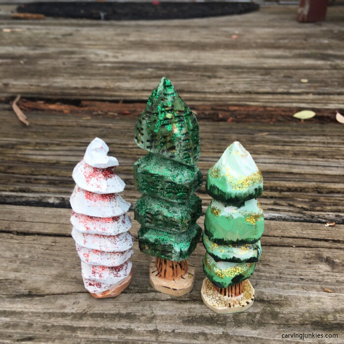 Trio of wood carved Christmas trees