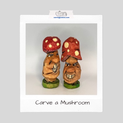 Funny mushroom caricature wood carvings with expressive faces