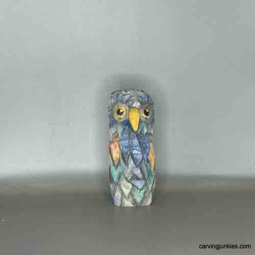 Start your owl woodcraft project today with our guide. Front of painted wood carved owl