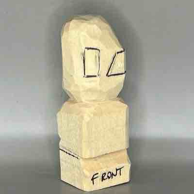 Learn to shape wood into a tiny, detailed figure. Right ear box sketched on small guy wood carving