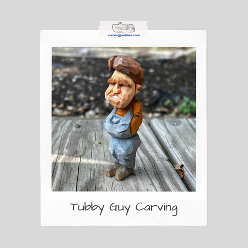 Cute tubby man wood carving wearing overalls with big hair