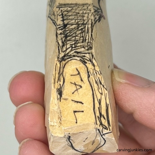 Drawn tail on cat whittling Tail guideline sketched on whittled cat