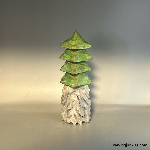 Back view of painted wood carved Christmas tree