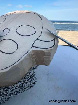 Roughing out stem of wooden ghost pumpkin