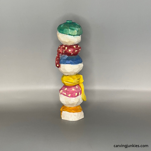 Back view of painted wood carved snowman