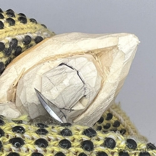 Making cut under nose of pea pod wood carving Stop cut under nose on pea pod wood carving